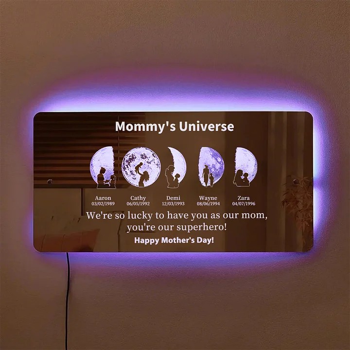Personalized Moon Phase Mirror Lamp With Mom Silhouette Best Gift For Christmas
