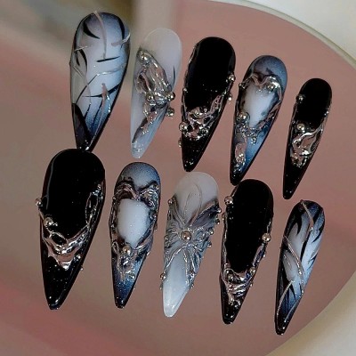 Halloween 3D Black Chrome Butterfly Nails
