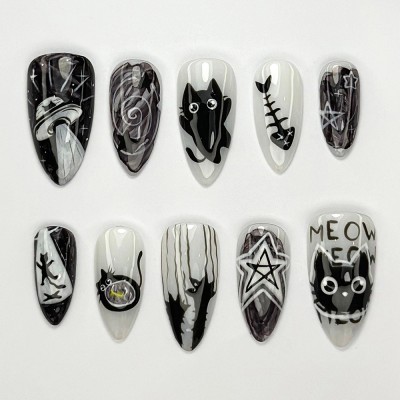 Alien Cat-Themed Press-On Nails Halloween Cute Creepy Goth Nail Art 